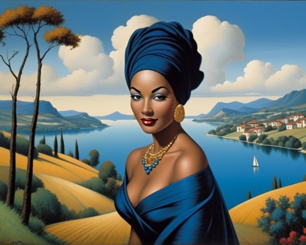 Woman in Blue Gown Against Scenic Landscape