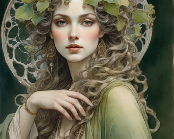 Detailed portrait of woman in leaf crown and ornate jewelry, set against tree trunk background.
