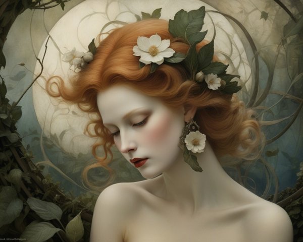 Serene Woman with Red Hair and Floral Accents