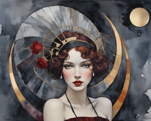 Illustration of a Woman with Halo and Roses in Hair