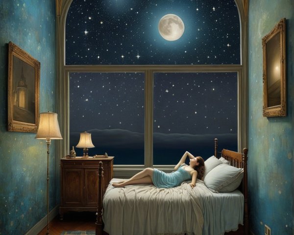 Serene bedroom with girl gazing at starry night sky