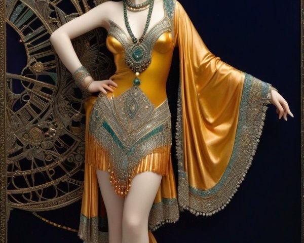 Elegant Woman in Art Deco Golden Costume on Black Background