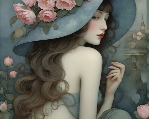 Vintage Woman in Blue Hat Surrounded by Roses and Moon