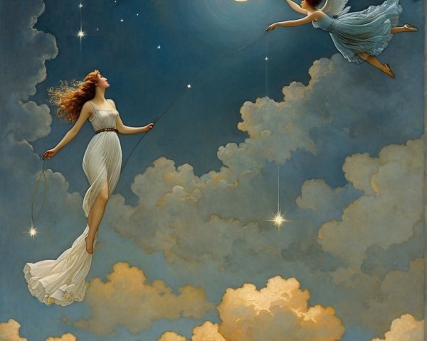 Celestial Scene of Woman Reaching for Angelic Figure
