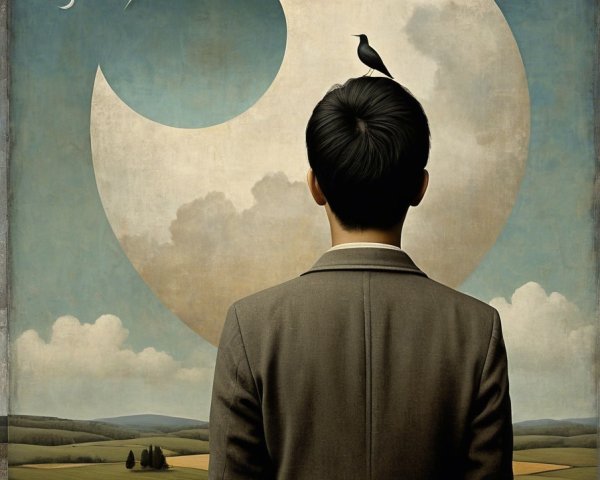 Solitary Figure in Landscape Under Stylized Moon