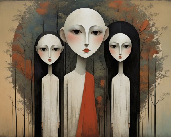 Stylized Figures in Ethereal Forest Setting