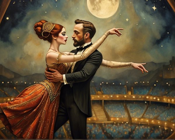 Glamorous Couple Dances Under Full Moon on Stage