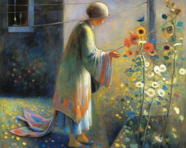 Serene Figure Tending Flowers in a Vibrant Garden