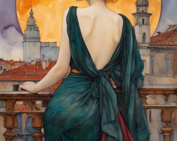 Woman in flowing green dress gazes at cityscape under full moon in art nouveau style