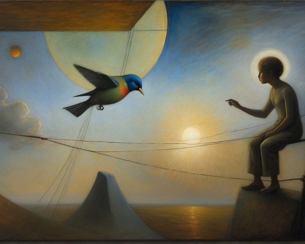 Surreal Scene of Figure and Vibrant Blue Bird