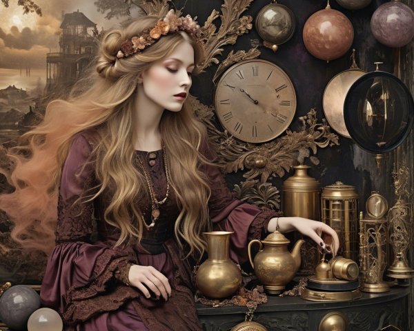 Young woman in purple gown among antique objects