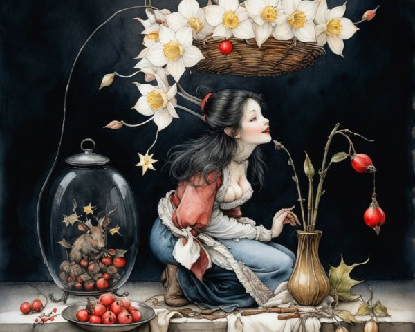 Whimsical scene of a woman with fruits and flowers