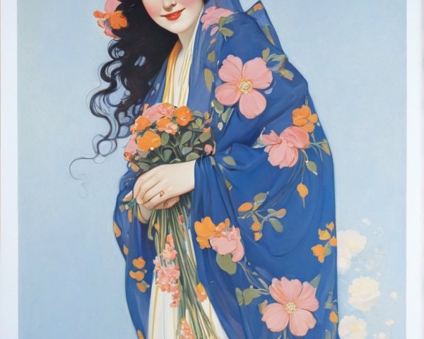 Woman in White Dress with Floral Shawl and Crown