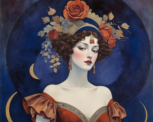 Woman with Curly Hair and Floral Crescent Moon Headdress