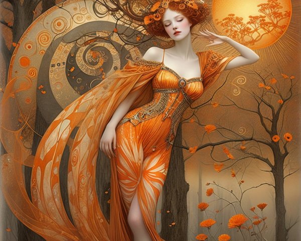 Serene Figure in Ornate Orange Gown in Mystical Landscape