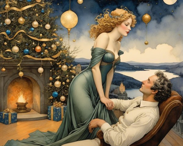 Romantic Oil Painting of Couple in Victorian Attire