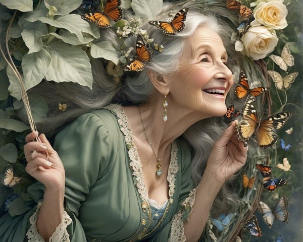 Elderly Woman in Vintage Dress in Enchanted Garden