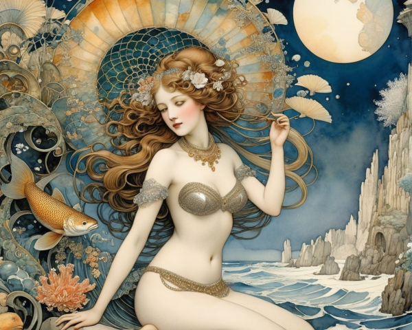 Woman by the Ocean Surrounded by Marine Life