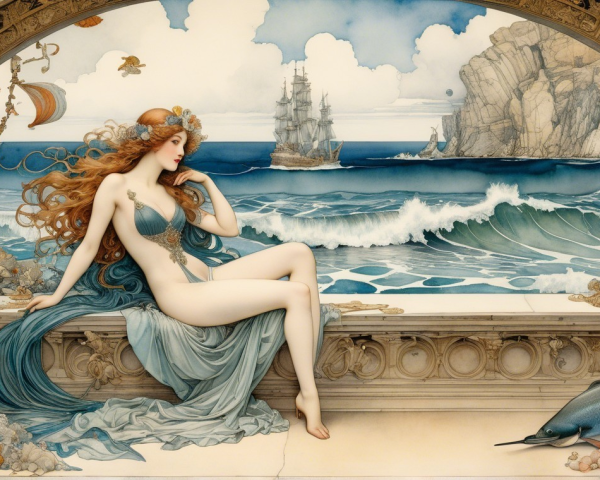 Mythical Mermaid on Rocky Ledge by Turbulent Ocean