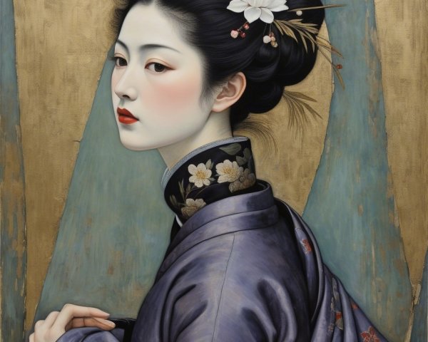 Young Woman in Traditional Attire with Floral Kimono