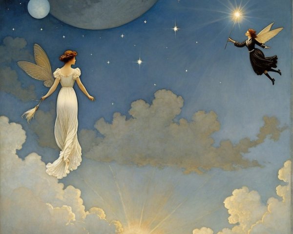 Celestial Scene with Ethereal Figures Above Clouds