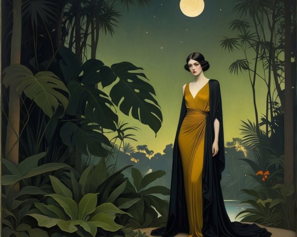Mysterious Woman in Jungle Under Full Moon