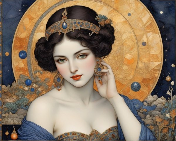 Artwork of a Woman in Royal Blue Dress with Celestial Background