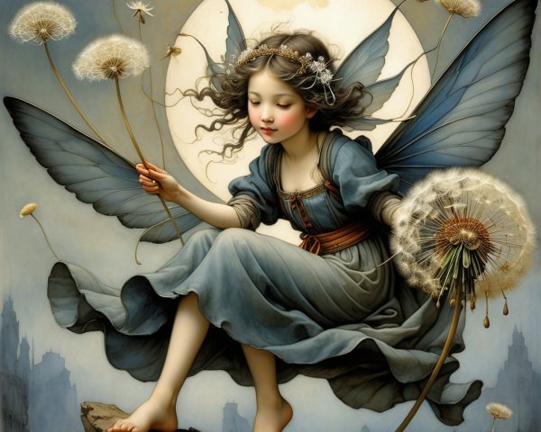 Whimsical fairy with butterfly wings on rocky ledge