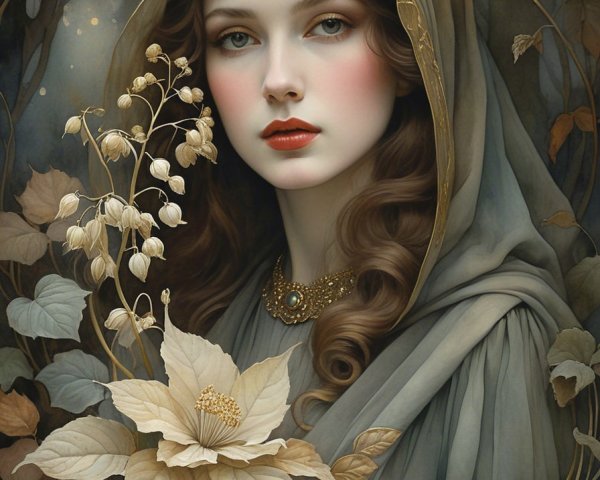 Serene Woman in Delicate Hood Surrounded by Nature