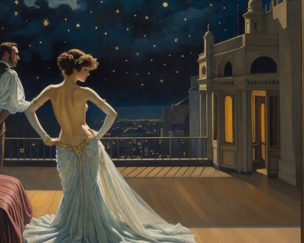 Elegant Woman in Beaded Gown Overlooking Night Sky