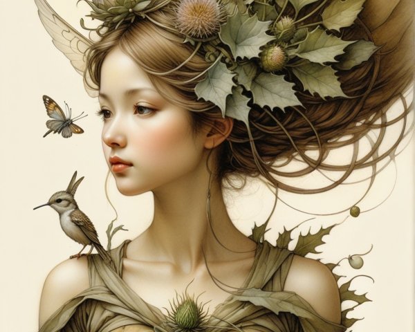 Serene Young Woman Surrounded by Nature Elements