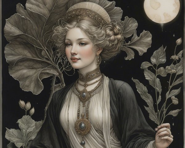 Elegant woman with foliage and moonlit backdrop
