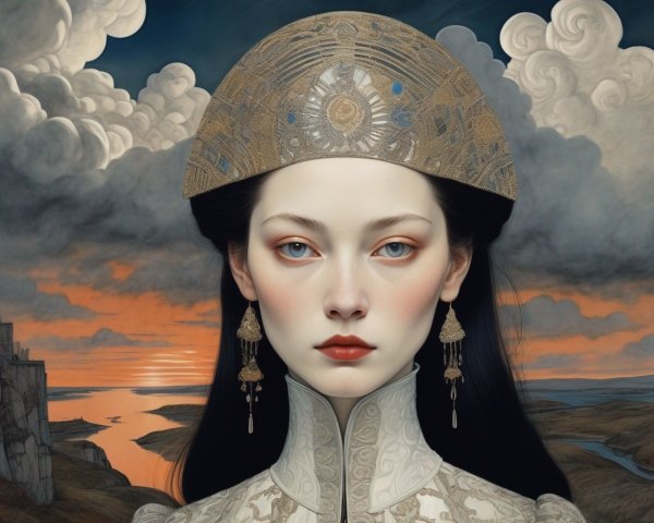 Ethereal figure in ornate garment against dramatic landscape