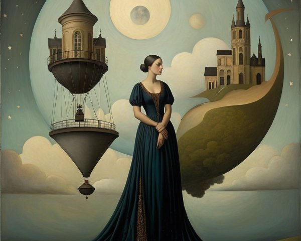 Serene Woman in Dark Gown in Surreal Landscape