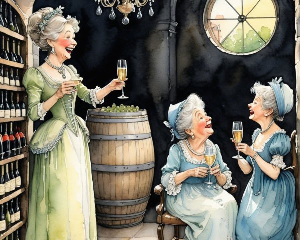 Elegant Gathering of Women in a Wine Cellar
