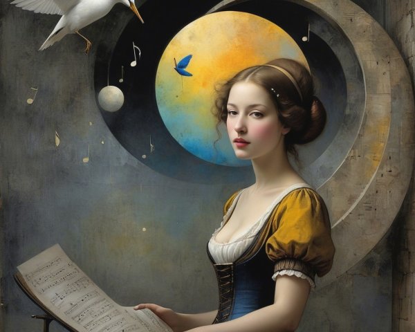 Serene Woman in Vintage Dress with Musical Elements