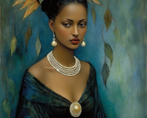 Elegant Woman in Deep Green Garment with Golden Headdress