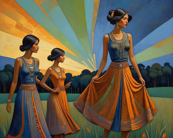 Three Women in Vibrant Dresses in Sunlit Field
