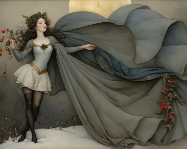 Whimsical Figure in Gray Gown with Floral Crown