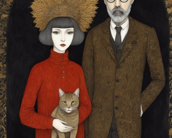 Stylized Portrait of a Couple with Cat and Headdress