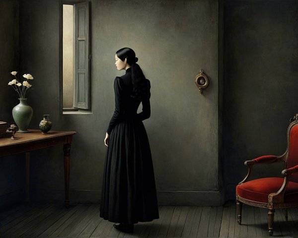 Solitary Figure in Black Dress by Open Window