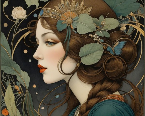 Profile of a Woman with Floral Elements and Butterflies