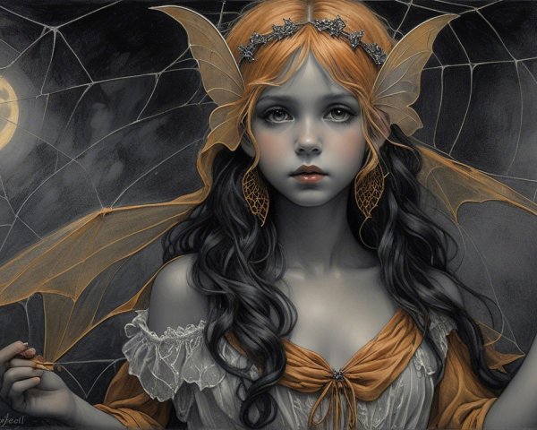 Young girl with wings in a mystical moonlit setting