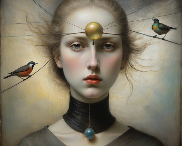 Serene young woman with golden orb and birds