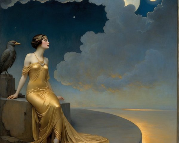 Woman in Golden Gown Amid Dramatic Celestial Scene