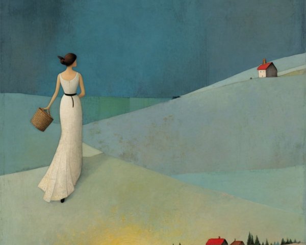 Woman in White Dress Walking Through Serene Hills