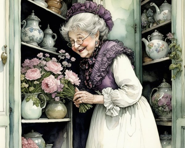 Elderly Woman in Vintage Outfit Arranging Pink Flowers