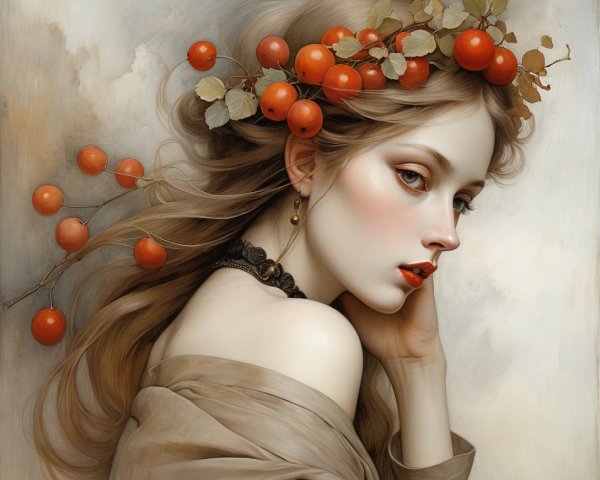 Young woman in apple crown and off-shoulder dress