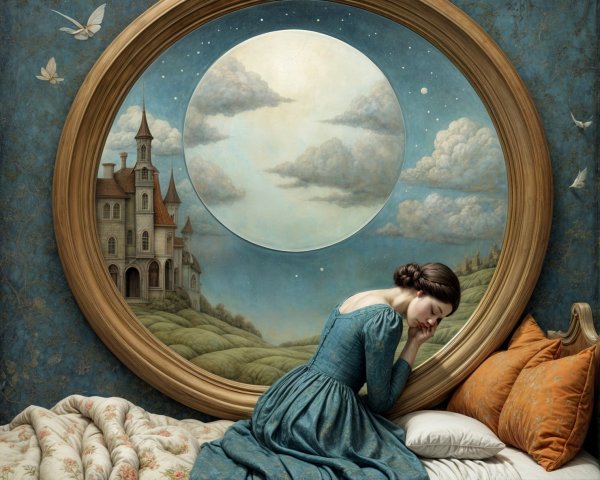Woman in Blue Dress in Dreamlike Landscape Setting