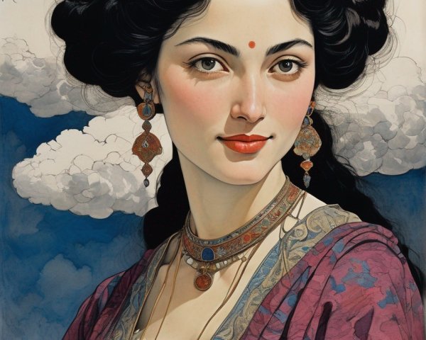 Woman with Black Hair and Elegant Jewelry in Clouds